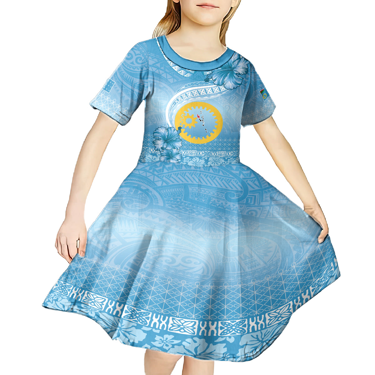 Sanma Vanuatu Kid Short Sleeve Dress Hibiscus Sand Drawing with Pacific Pattern LT9 - Polynesian Pride