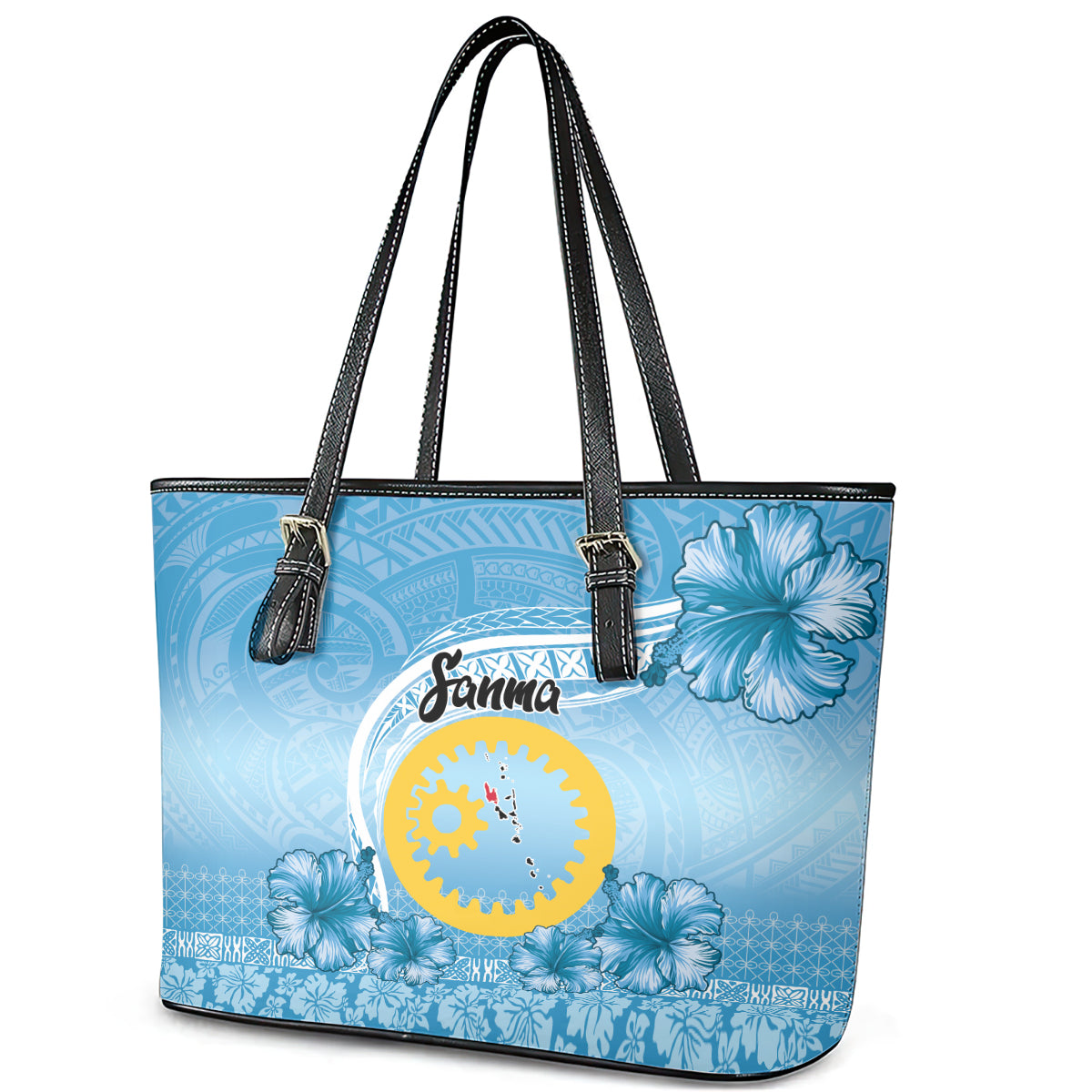 Sanma Vanuatu Leather Tote Bag Hibiscus Sand Drawing with Pacific Pattern