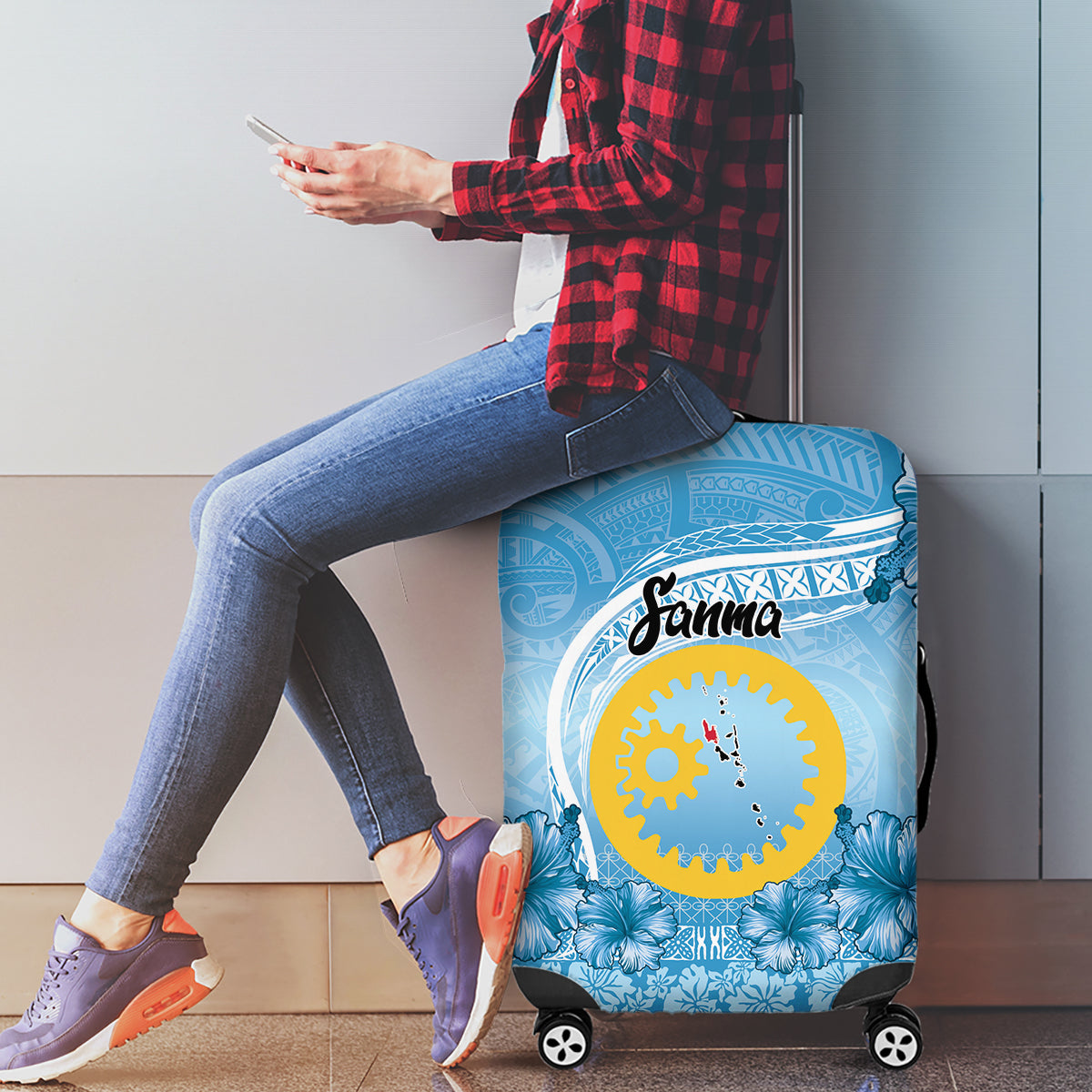 Sanma Vanuatu Luggage Cover Hibiscus Sand Drawing with Pacific Pattern LT9 - Polynesian Pride