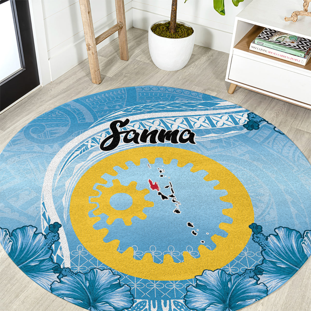 Sanma Vanuatu Round Carpet Hibiscus Sand Drawing with Pacific Pattern LT9 Blue Art - Polynesian Pride