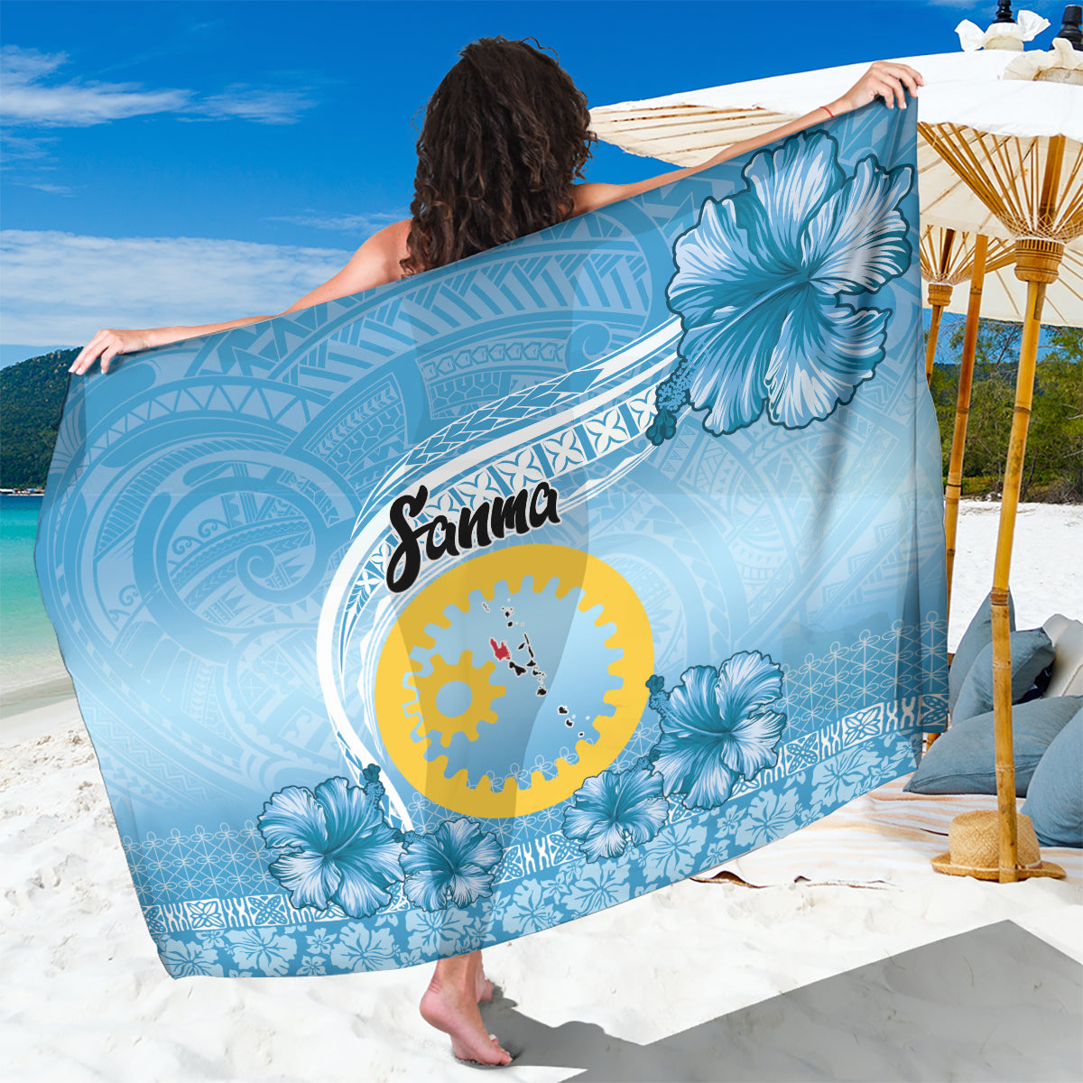 Sanma Vanuatu Sarong Hibiscus Sand Drawing with Pacific Pattern LT9 One Size 44 x 66 inches Blue Art - Polynesian Pride