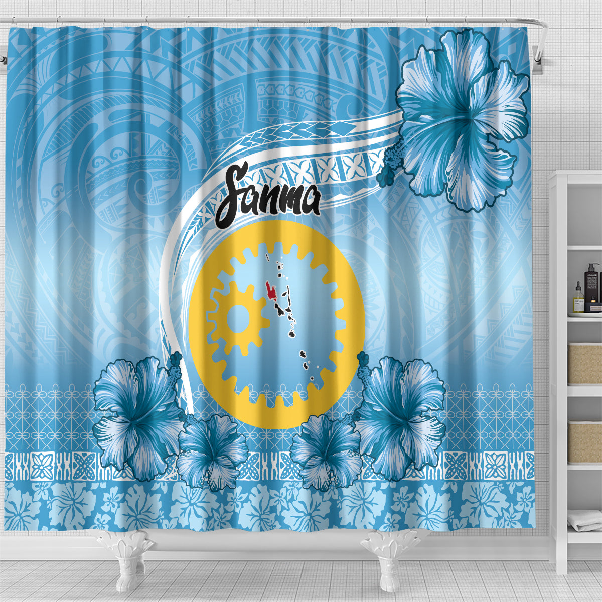 Sanma Vanuatu Shower Curtain Hibiscus Sand Drawing with Pacific Pattern