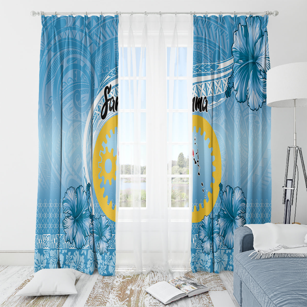 Sanma Vanuatu Window Curtain Hibiscus Sand Drawing with Pacific Pattern