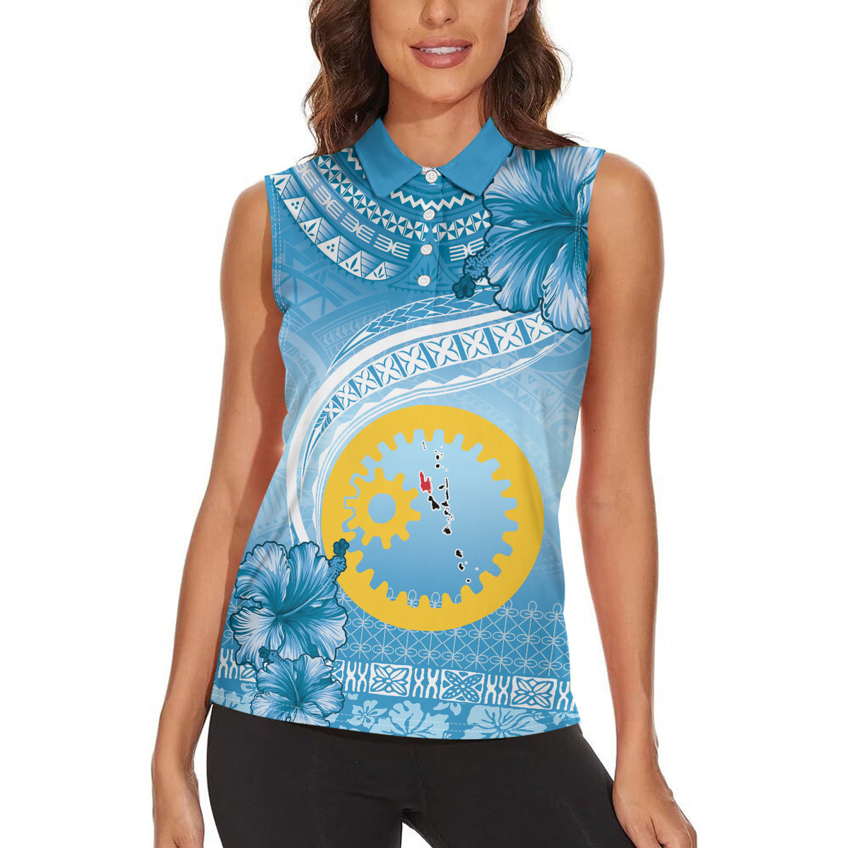 Sanma Vanuatu Women Sleeveless Polo Shirt Hibiscus Sand Drawing with Pacific Pattern