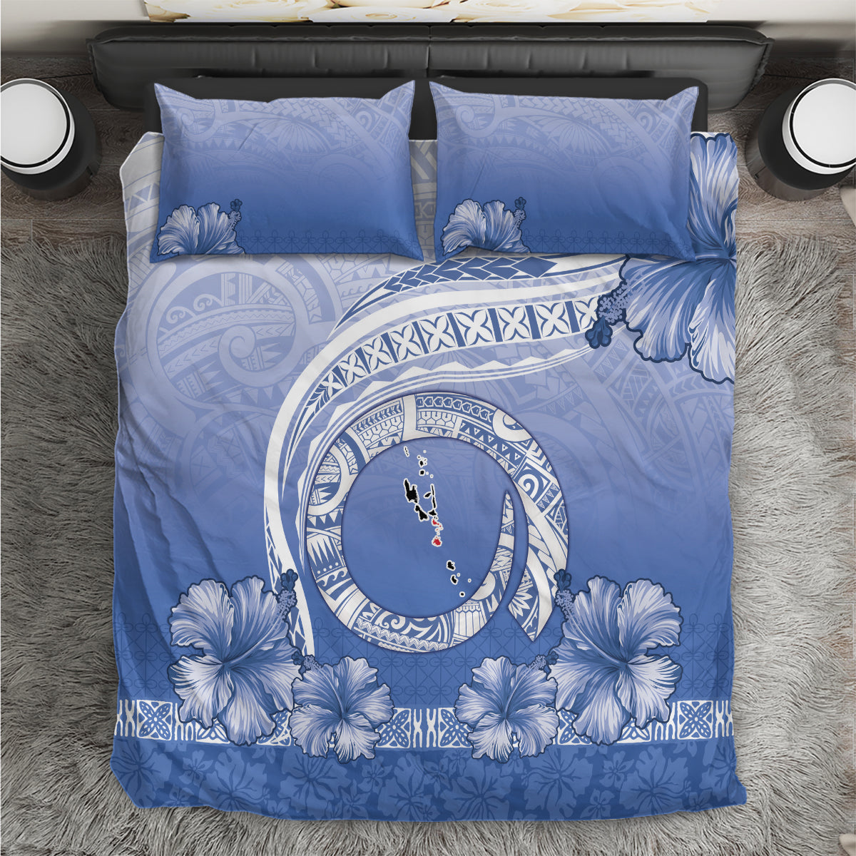 Shefa Vanuatu Bedding Set Hibiscus Sand Drawing with Pacific Pattern LT9 Blue Art - Polynesian Pride