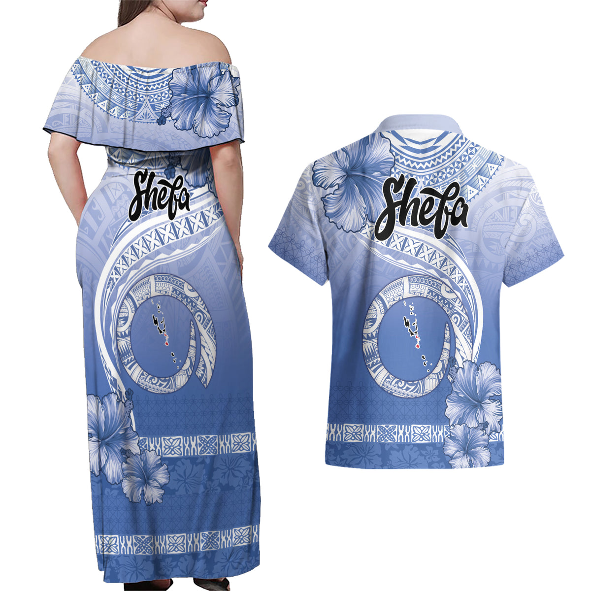 Shefa Vanuatu Couples Matching Off Shoulder Maxi Dress and Hawaiian Shirt Hibiscus Sand Drawing with Pacific Pattern