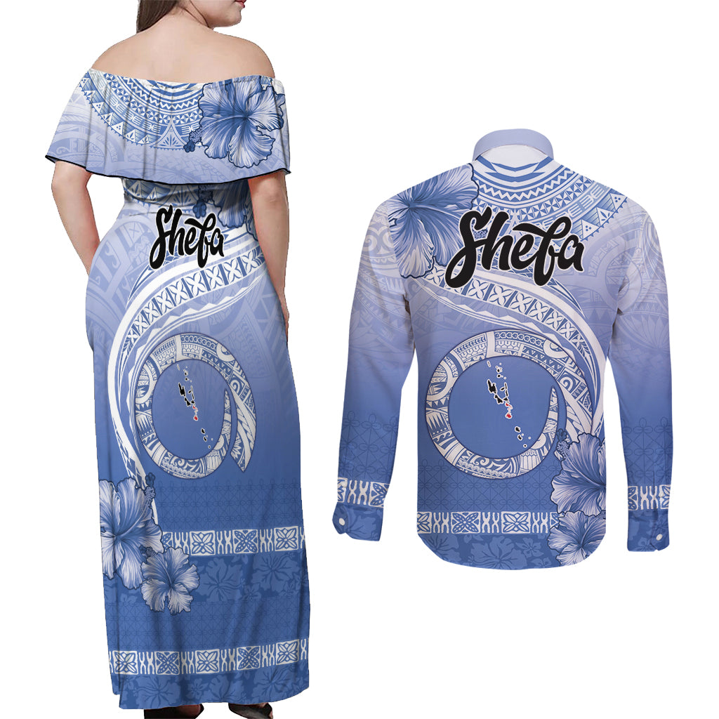 Shefa Vanuatu Couples Matching Off Shoulder Maxi Dress and Long Sleeve Button Shirt Hibiscus Sand Drawing with Pacific Pattern LT9 - Polynesian Pride