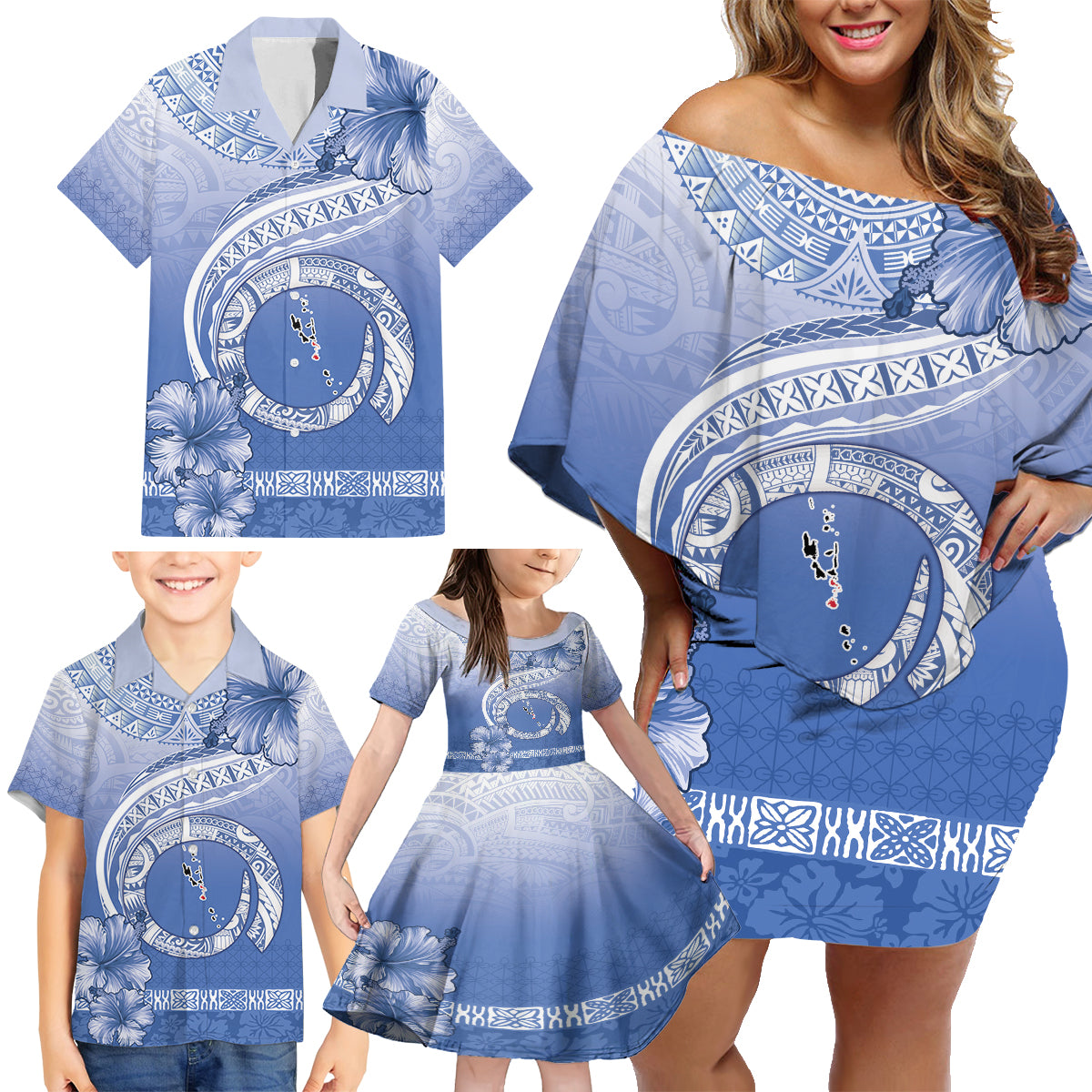 Shefa Vanuatu Family Matching Off Shoulder Short Dress and Hawaiian Shirt Hibiscus Sand Drawing with Pacific Pattern LT9 - Polynesian Pride