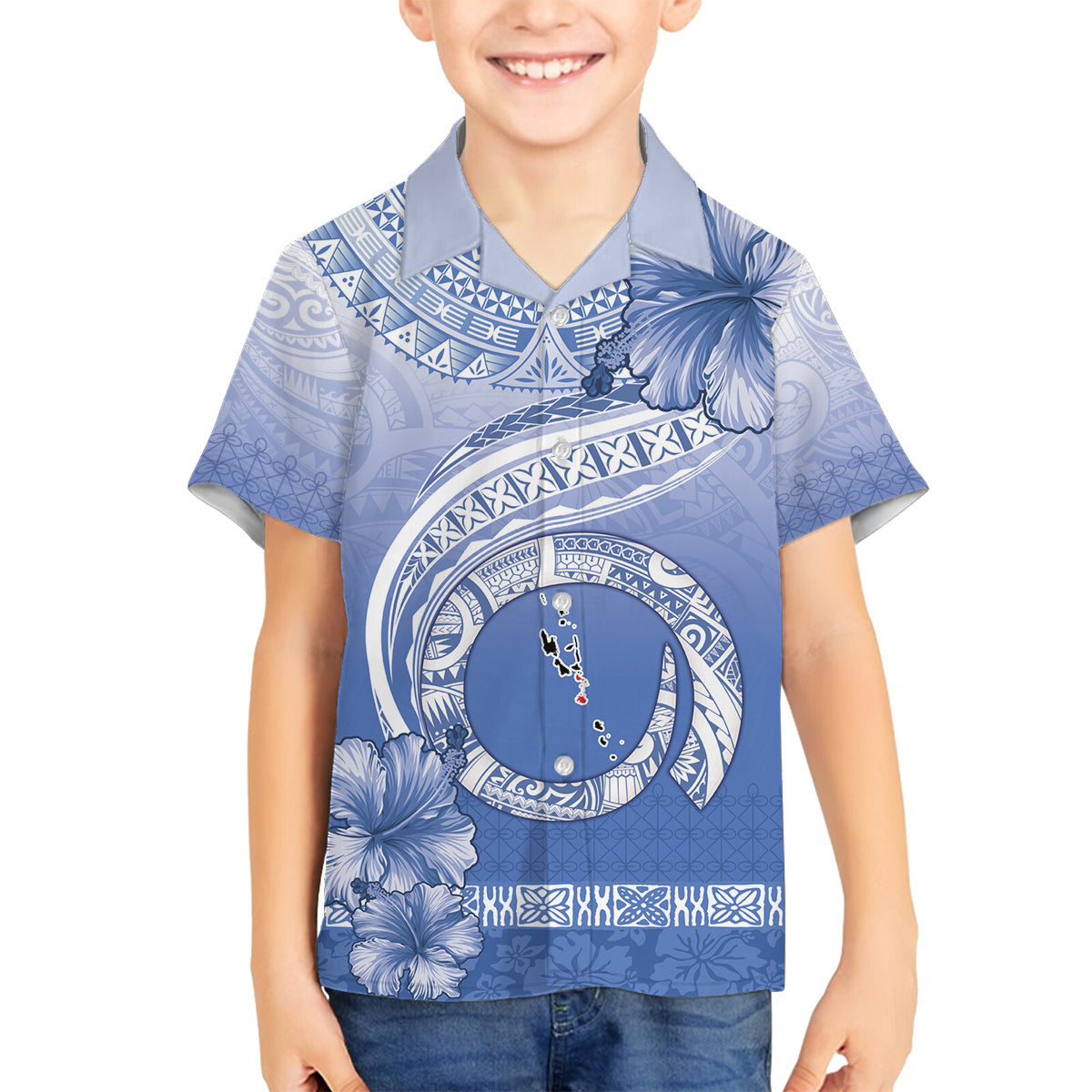 Shefa Vanuatu Family Matching Off Shoulder Short Dress and Hawaiian Shirt Hibiscus Sand Drawing with Pacific Pattern LT9 Son's Shirt Blue Art - Polynesian Pride