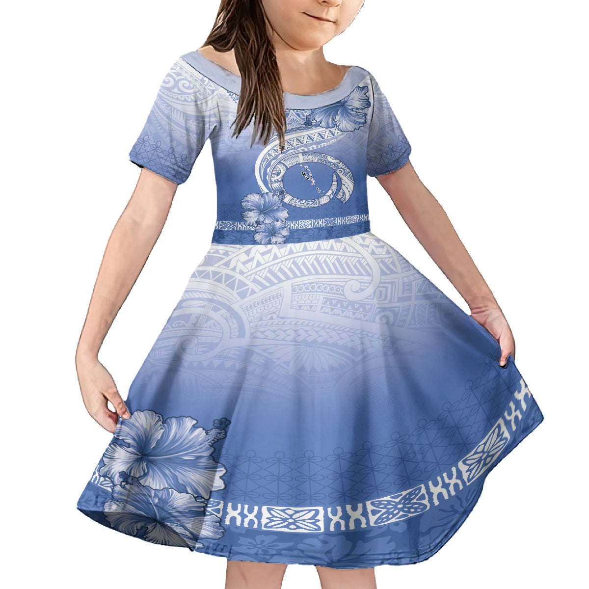 Shefa Vanuatu Family Matching Tank Maxi Dress and Hawaiian Shirt Hibiscus Sand Drawing with Pacific Pattern LT9 Daughter's Dress Blue Art - Polynesian Pride