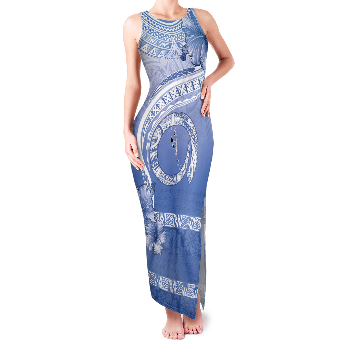 Shefa Vanuatu Family Matching Tank Maxi Dress and Hawaiian Shirt Hibiscus Sand Drawing with Pacific Pattern LT9 Mom's Dress Blue Art - Polynesian Pride