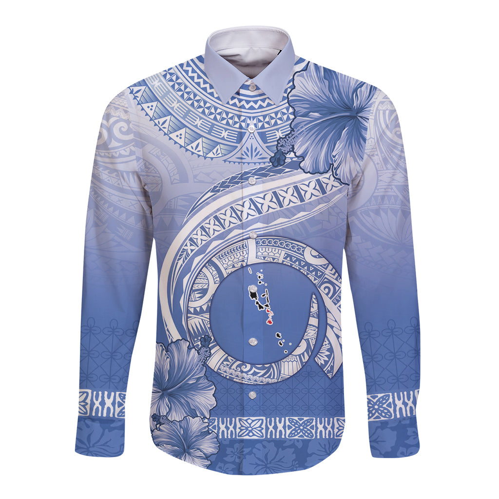 Shefa Vanuatu Long Sleeve Button Shirt Hibiscus Sand Drawing with Pacific Pattern LT9 Unisex Blue Art - Polynesian Pride