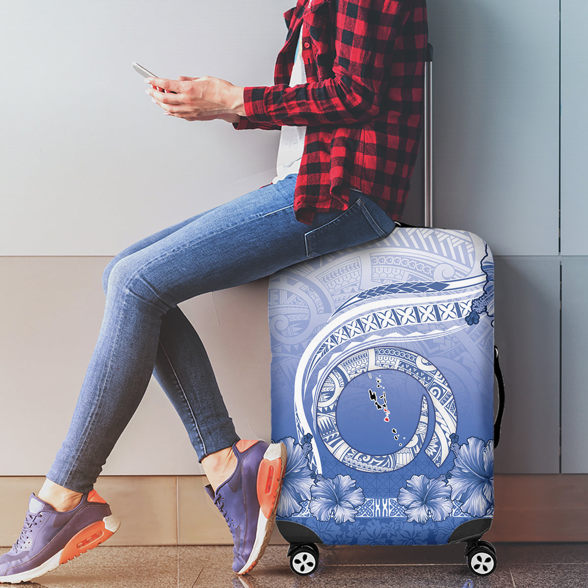 Shefa Vanuatu Luggage Cover Hibiscus Sand Drawing with Pacific Pattern