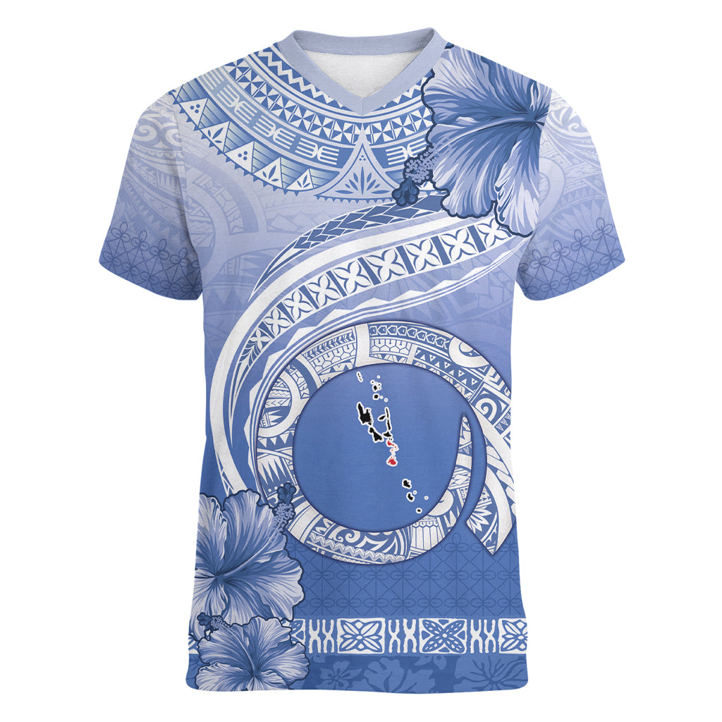 Shefa Vanuatu Women V-Neck T-Shirt Hibiscus Sand Drawing with Pacific Pattern