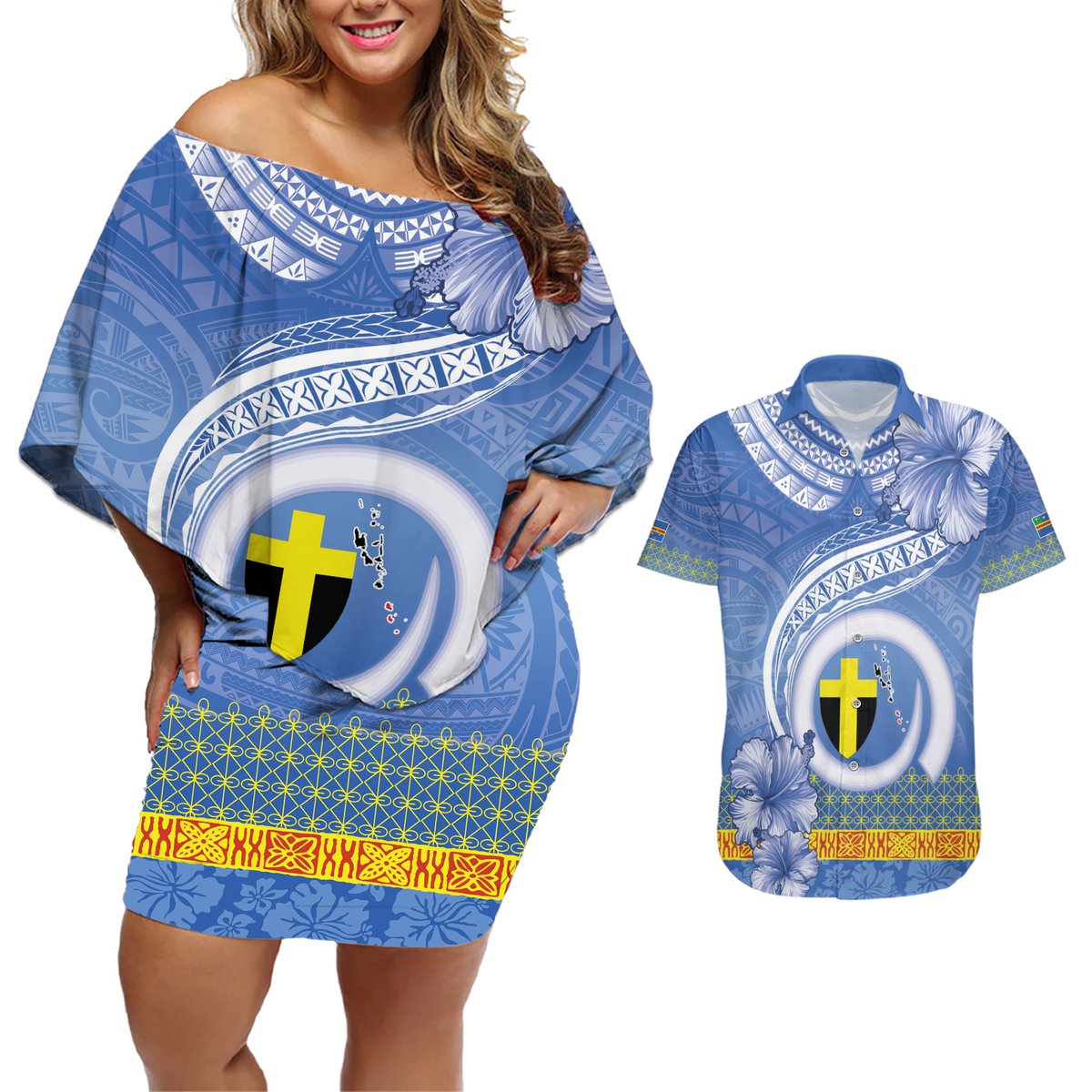 Tafea Vanuatu Couples Matching Off Shoulder Short Dress and Hawaiian Shirt Hibiscus Sand Drawing with Pacific Pattern LT9 Blue Art - Polynesian Pride