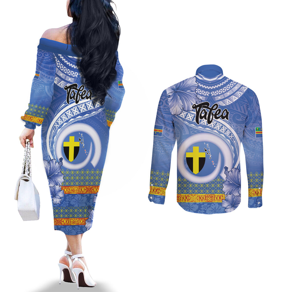 Tafea Vanuatu Couples Matching Off The Shoulder Long Sleeve Dress and Long Sleeve Button Shirt Hibiscus Sand Drawing with Pacific Pattern