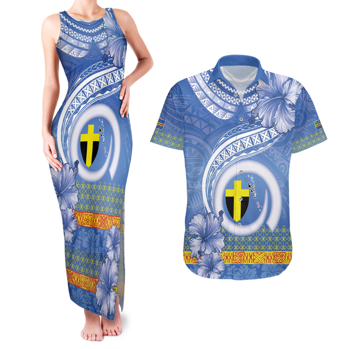 Tafea Vanuatu Couples Matching Tank Maxi Dress and Hawaiian Shirt Hibiscus Sand Drawing with Pacific Pattern LT9 Blue Art - Polynesian Pride