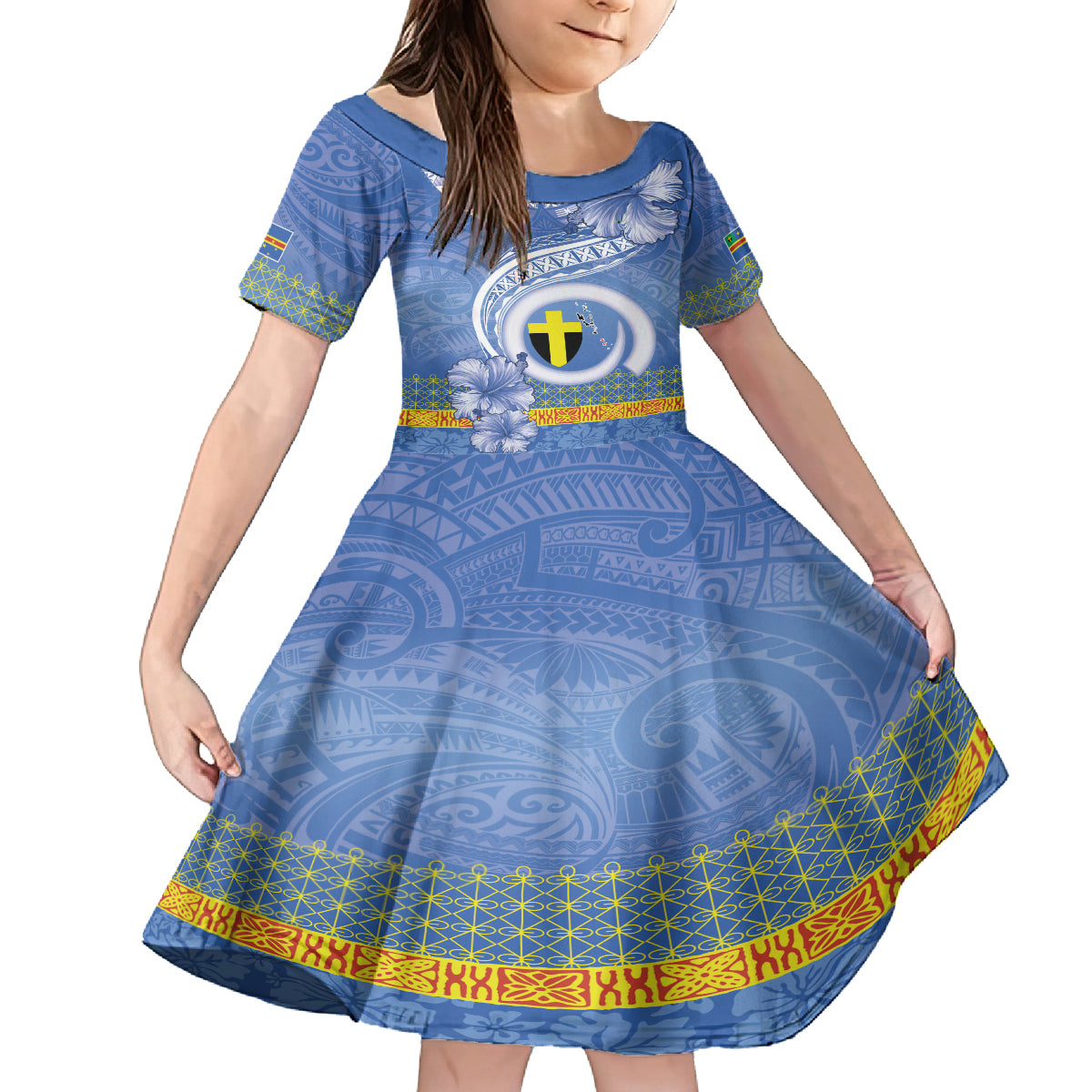 Tafea Vanuatu Family Matching Off Shoulder Short Dress and Hawaiian Shirt Hibiscus Sand Drawing with Pacific Pattern LT9 Daughter's Dress Blue Art - Polynesian Pride