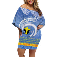 Tafea Vanuatu Family Matching Off Shoulder Short Dress and Hawaiian Shirt Hibiscus Sand Drawing with Pacific Pattern LT9 Mom's Dress Blue Art - Polynesian Pride