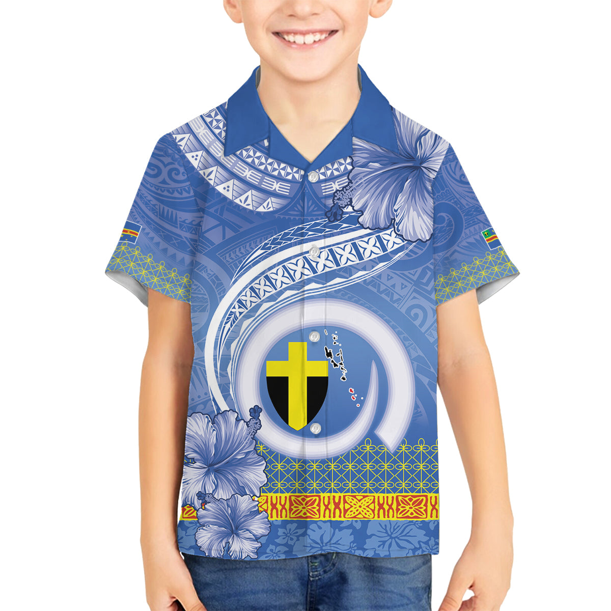 Tafea Vanuatu Family Matching Off Shoulder Short Dress and Hawaiian Shirt Hibiscus Sand Drawing with Pacific Pattern LT9 Son's Shirt Blue Art - Polynesian Pride