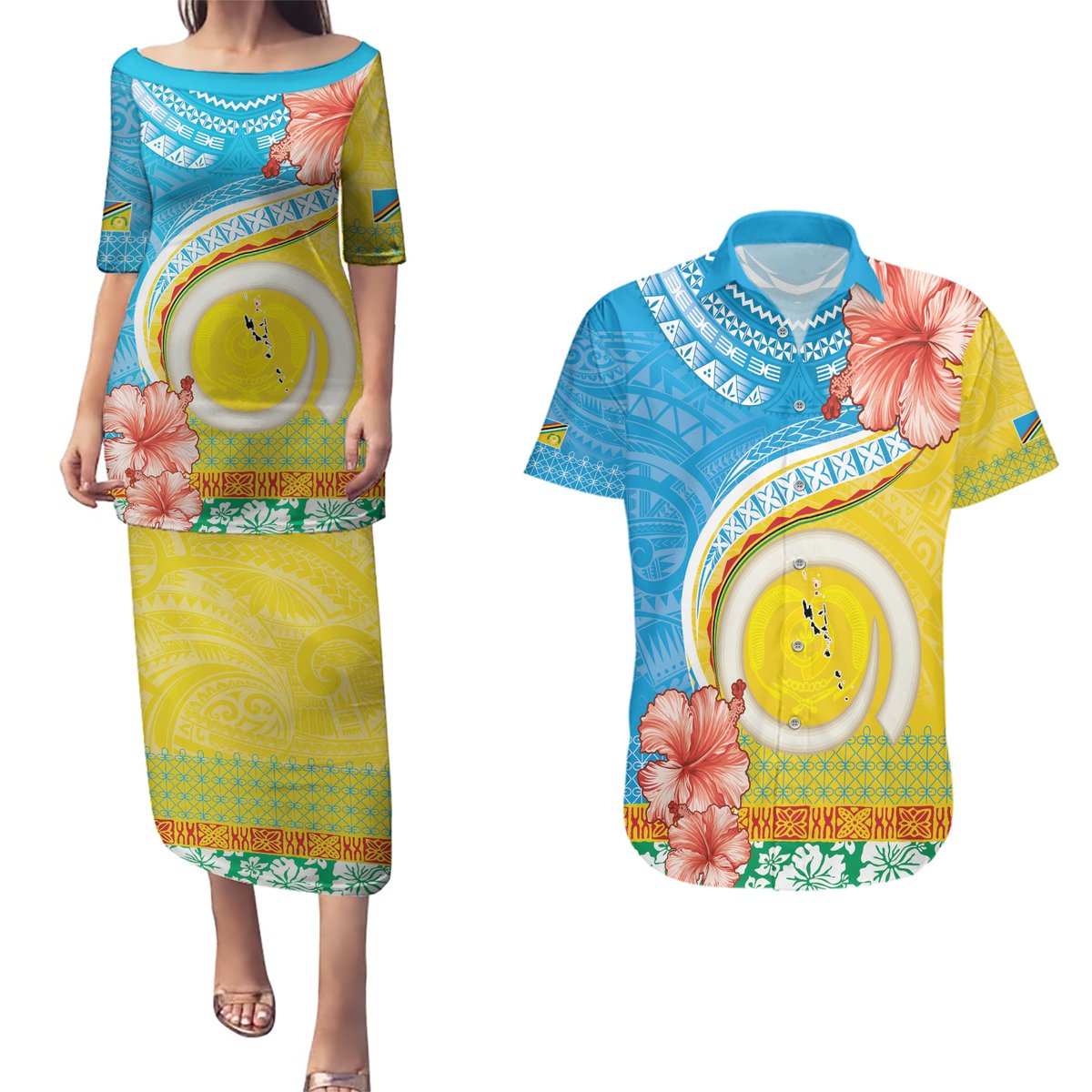 Torba Vanuatu Couples Matching Puletasi and Hawaiian Shirt Hibiscus Sand Drawing with Pacific Pattern