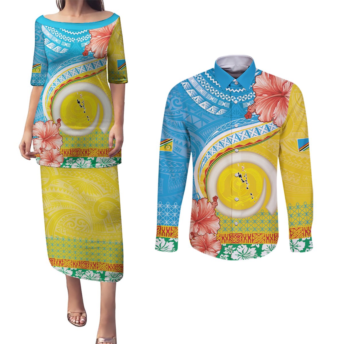 Torba Vanuatu Couples Matching Puletasi and Long Sleeve Button Shirt Hibiscus Sand Drawing with Pacific Pattern