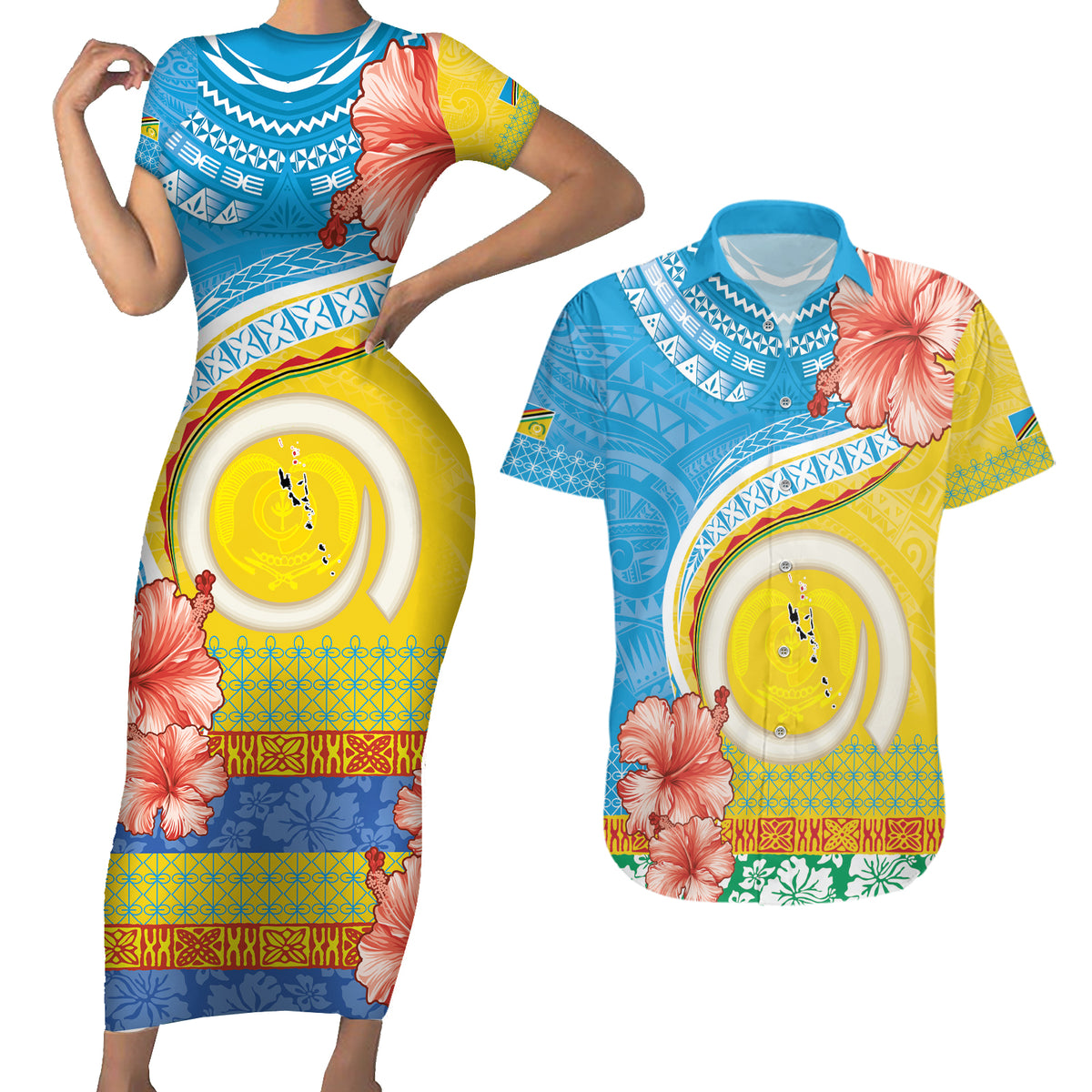 Torba Vanuatu Couples Matching Short Sleeve Bodycon Dress and Hawaiian Shirt Hibiscus Sand Drawing with Pacific Pattern