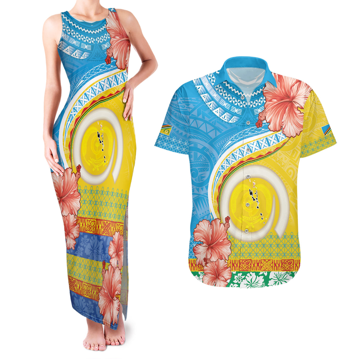 Torba Vanuatu Couples Matching Tank Maxi Dress and Hawaiian Shirt Hibiscus Sand Drawing with Pacific Pattern LT9 Green Gold - Polynesian Pride