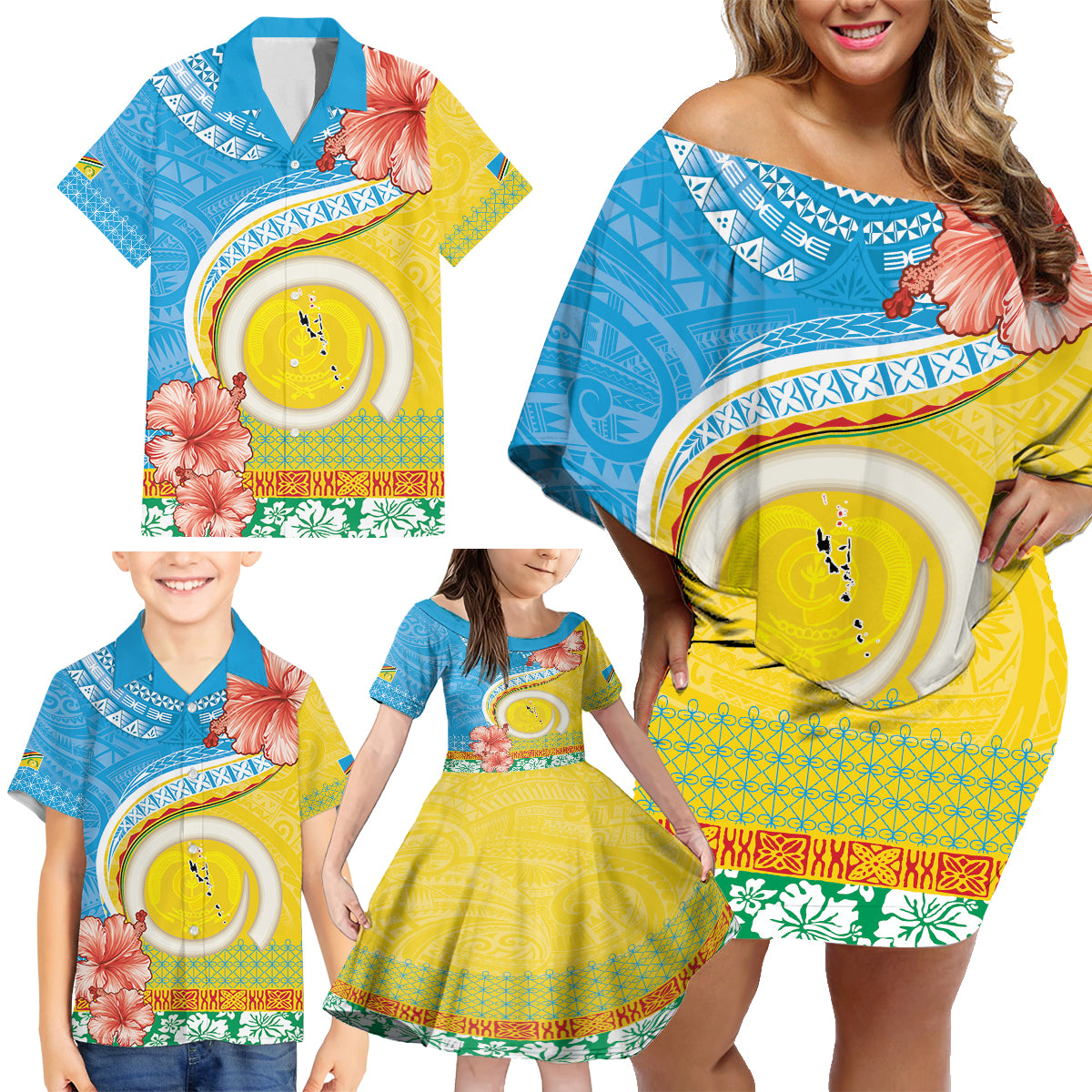 Torba Vanuatu Family Matching Off Shoulder Short Dress and Hawaiian Shirt Hibiscus Sand Drawing with Pacific Pattern LT9 - Polynesian Pride