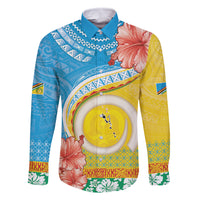 Torba Vanuatu Family Matching Off Shoulder Short Dress and Hawaiian Shirt Hibiscus Sand Drawing with Pacific Pattern LT9 Dad's Shirt - Long Sleeve Green Gold - Polynesian Pride