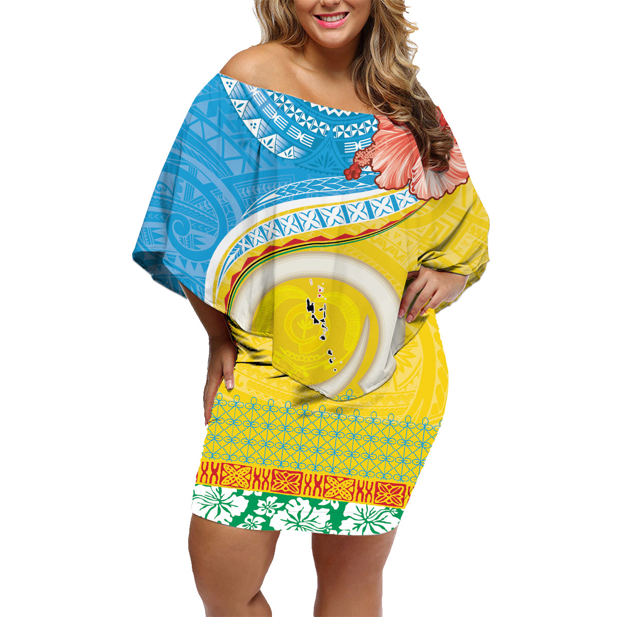 Torba Vanuatu Family Matching Off Shoulder Short Dress and Hawaiian Shirt Hibiscus Sand Drawing with Pacific Pattern LT9 Mom's Dress Green Gold - Polynesian Pride