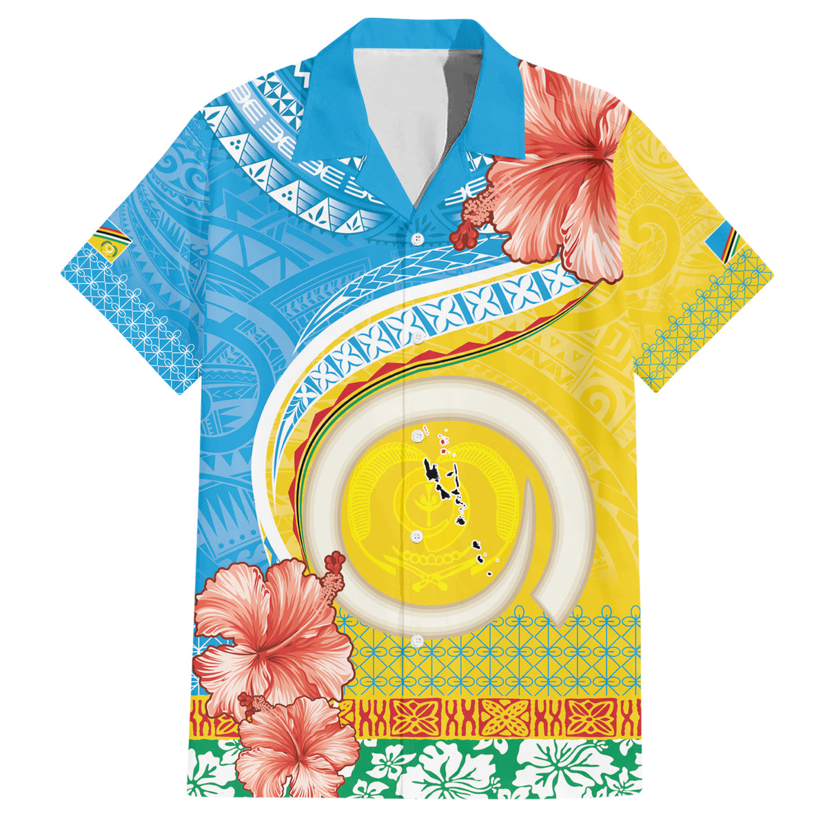 Torba Vanuatu Family Matching Short Sleeve Bodycon Dress and Hawaiian Shirt Hibiscus Sand Drawing with Pacific Pattern LT9 Dad's Shirt - Short Sleeve Green Gold - Polynesian Pride