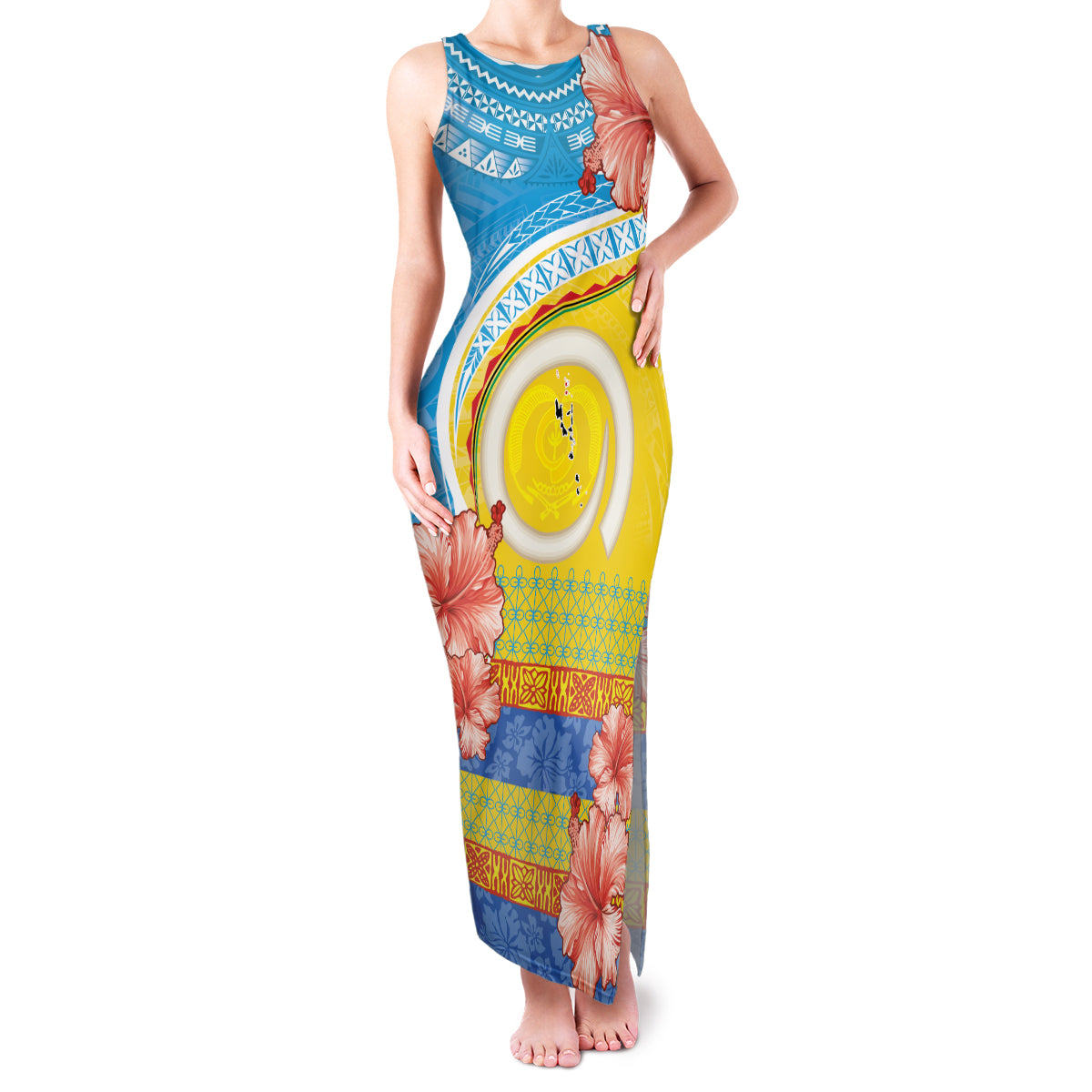 Torba Vanuatu Family Matching Tank Maxi Dress and Hawaiian Shirt Hibiscus Sand Drawing with Pacific Pattern LT9 Mom's Dress Green Gold - Polynesian Pride