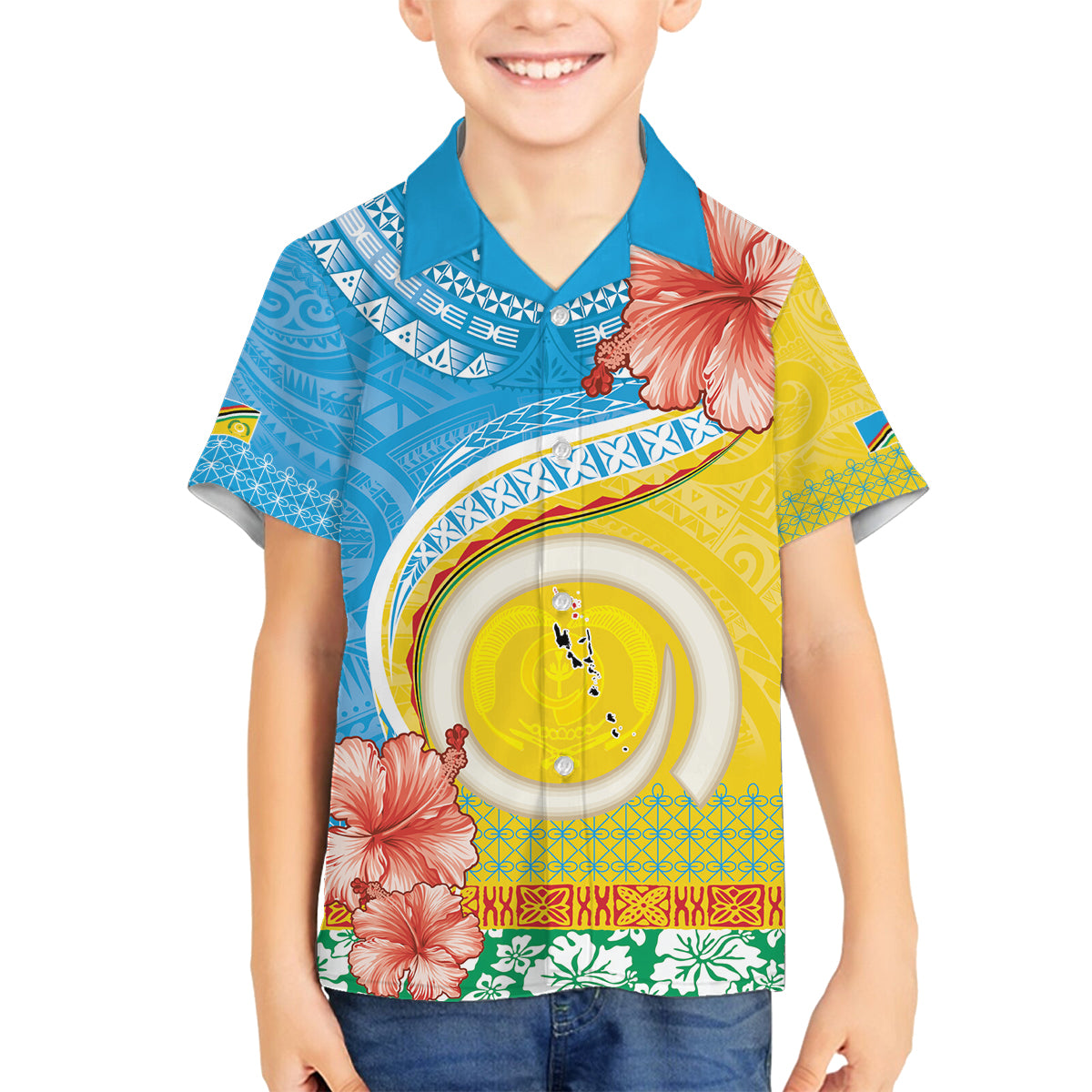 Torba Vanuatu Family Matching Tank Maxi Dress and Hawaiian Shirt Hibiscus Sand Drawing with Pacific Pattern LT9 Son's Shirt Green Gold - Polynesian Pride