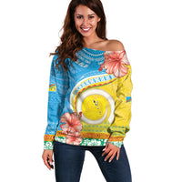Torba Vanuatu Off Shoulder Sweater Hibiscus Sand Drawing with Pacific Pattern LT9 Women Green Gold - Polynesian Pride