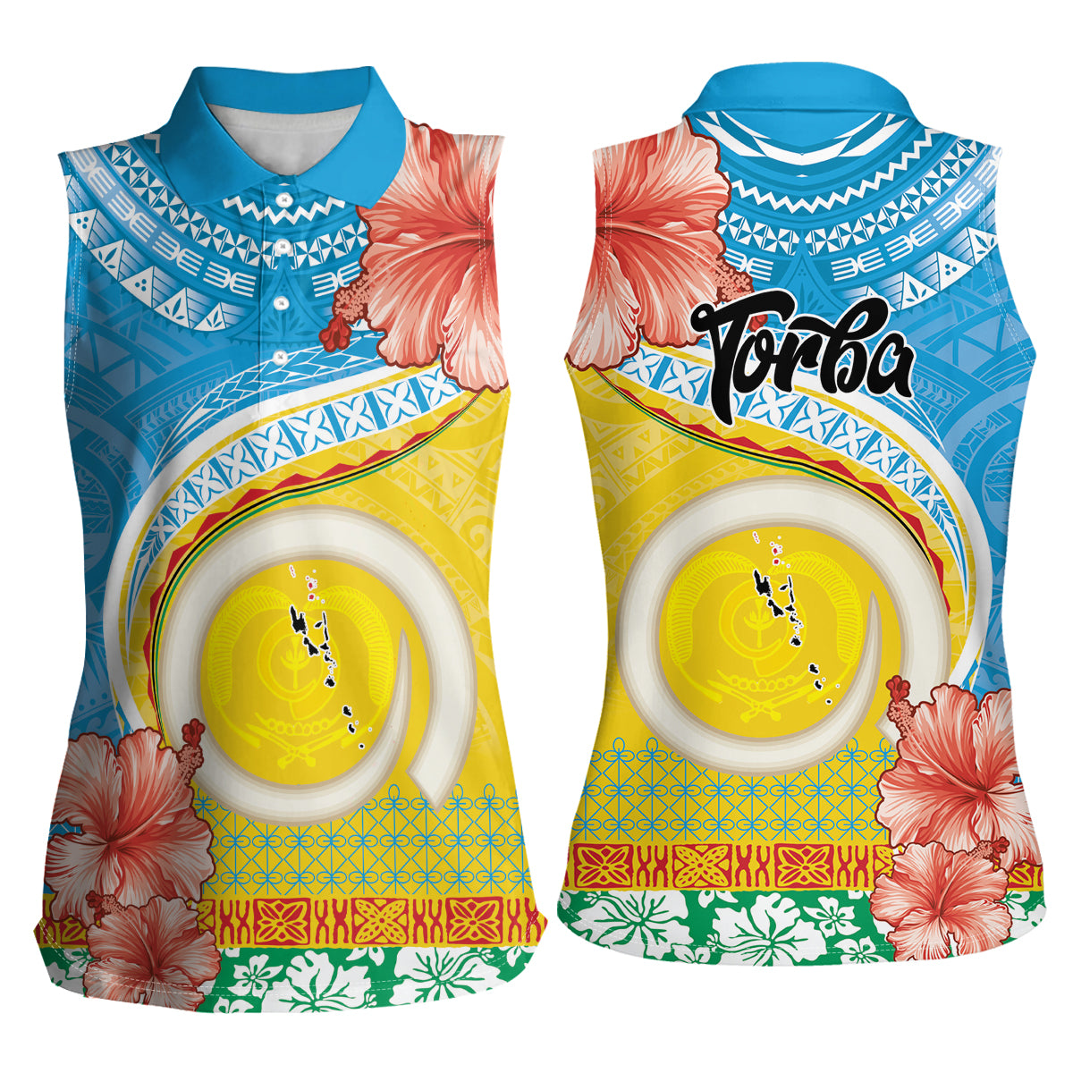 Torba Vanuatu Women Sleeveless Polo Shirt Hibiscus Sand Drawing with Pacific Pattern