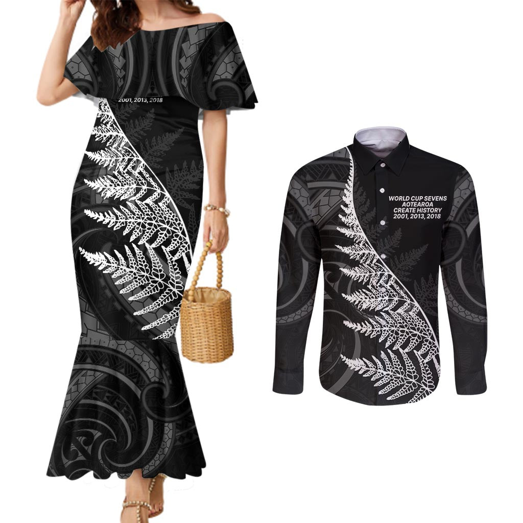 New Zealand Black Fern 7s Couples Matching Mermaid Dress and Long Sleeve Button Shirt History World Cup Sevens