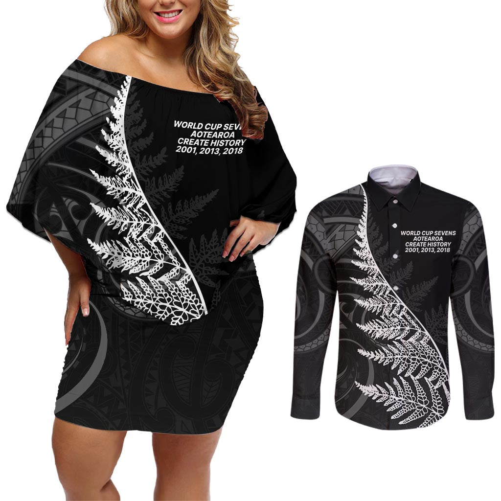 New Zealand Black Fern 7s Couples Matching Off Shoulder Short Dress and Long Sleeve Button Shirt History World Cup Sevens