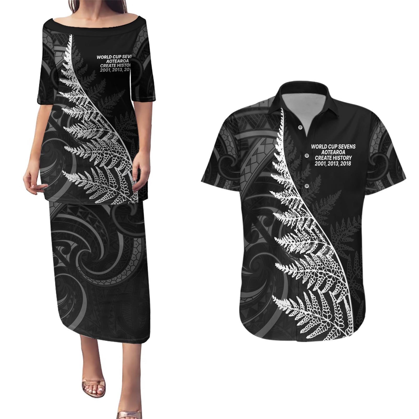 New Zealand Black Fern 7s Couples Matching Puletasi and Hawaiian Shirt History World Cup Sevens