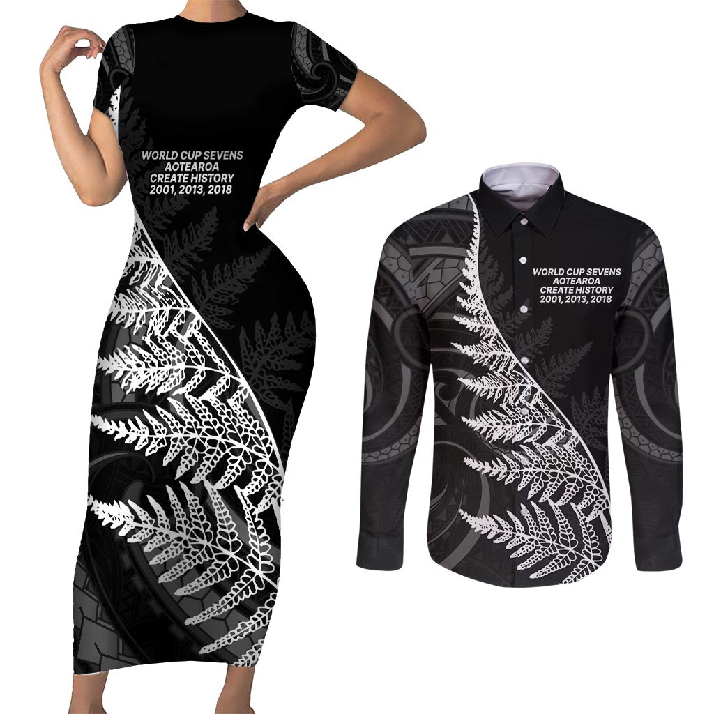 New Zealand Black Fern 7s Couples Matching Short Sleeve Bodycon Dress and Long Sleeve Button Shirt History World Cup Sevens
