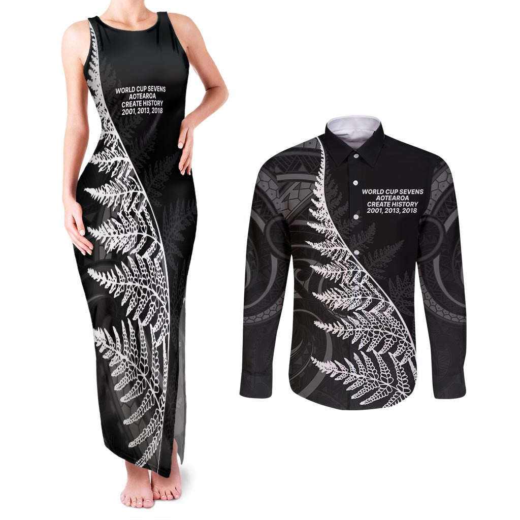 New Zealand Black Fern 7s Couples Matching Tank Maxi Dress and Long Sleeve Button Shirt History World Cup Sevens