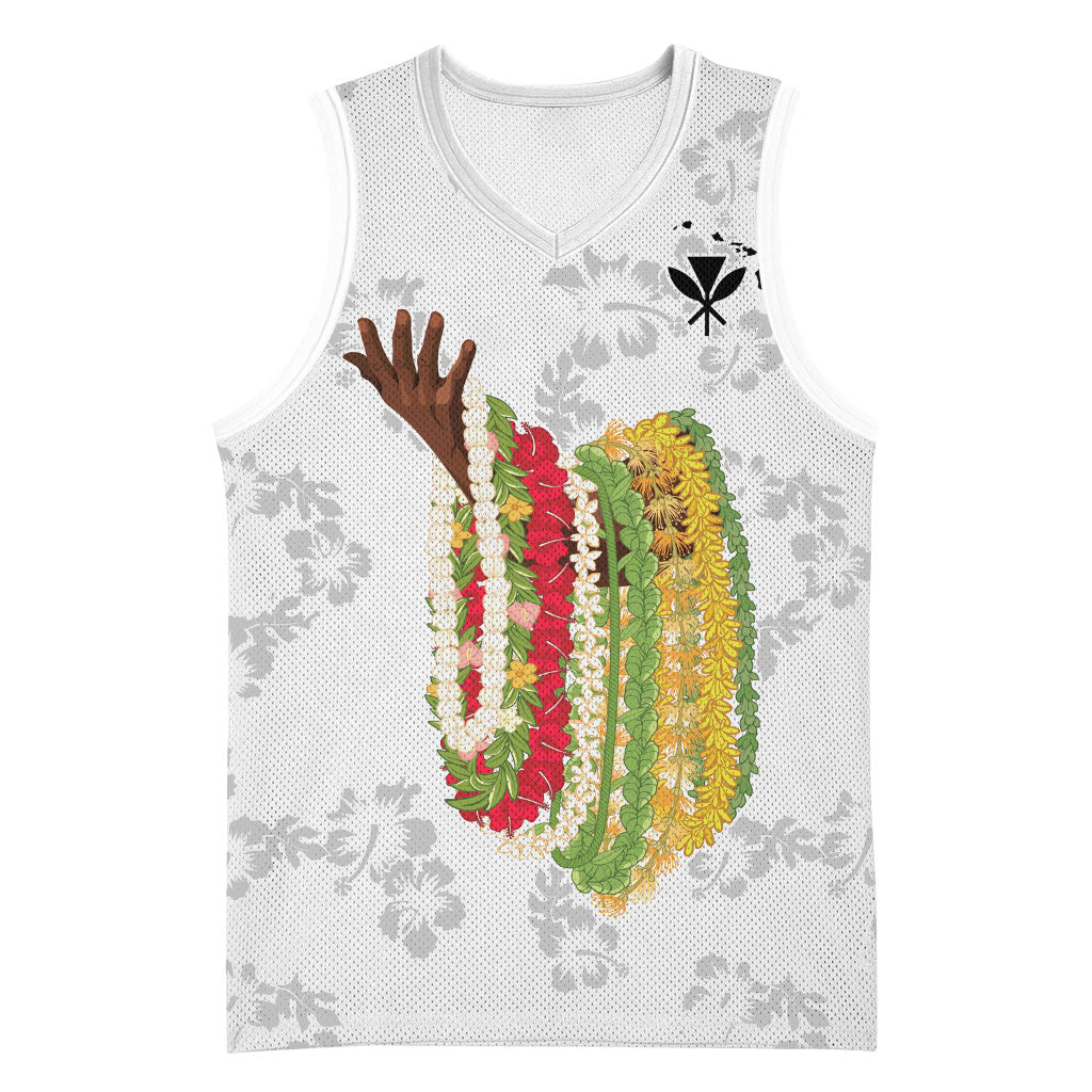Hawaii Lei Kamehameha Basketball Jersey Ke'oke'o Seamless Pattern Hibiscus Flower LT9 Unisex White - Polynesian Pride