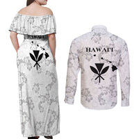 Hawaii Lei Kamehameha Couples Matching Off Shoulder Maxi Dress and Long Sleeve Button Shirt Ke'oke'o Seamless Pattern Hibiscus Flower