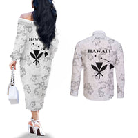 Hawaii Lei Kamehameha Couples Matching Off The Shoulder Long Sleeve Dress and Long Sleeve Button Shirt Ke'oke'o Seamless Pattern Hibiscus Flower