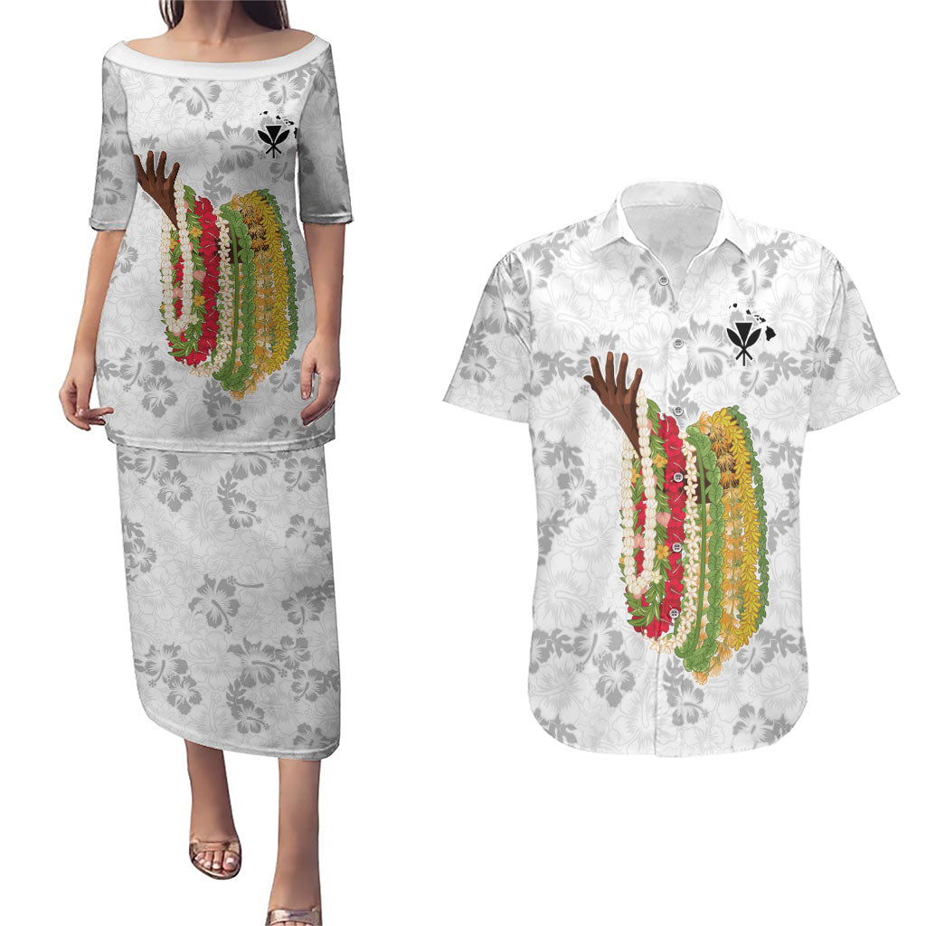 Hawaii Lei Kamehameha Couples Matching Puletasi and Hawaiian Shirt Ke'oke'o Seamless Pattern Hibiscus Flower