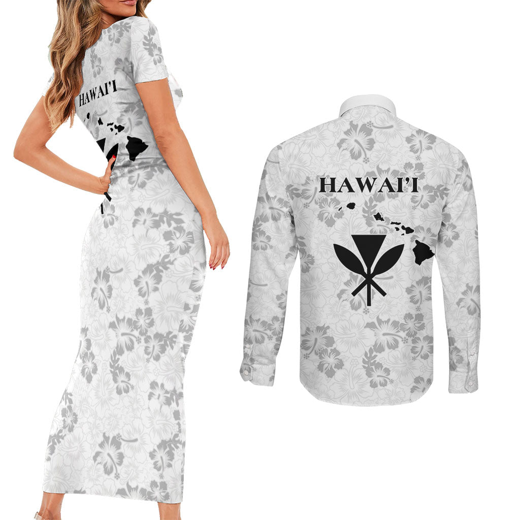 Hawaii Lei Kamehameha Couples Matching Short Sleeve Bodycon Dress and Long Sleeve Button Shirt Ke'oke'o Seamless Pattern Hibiscus Flower