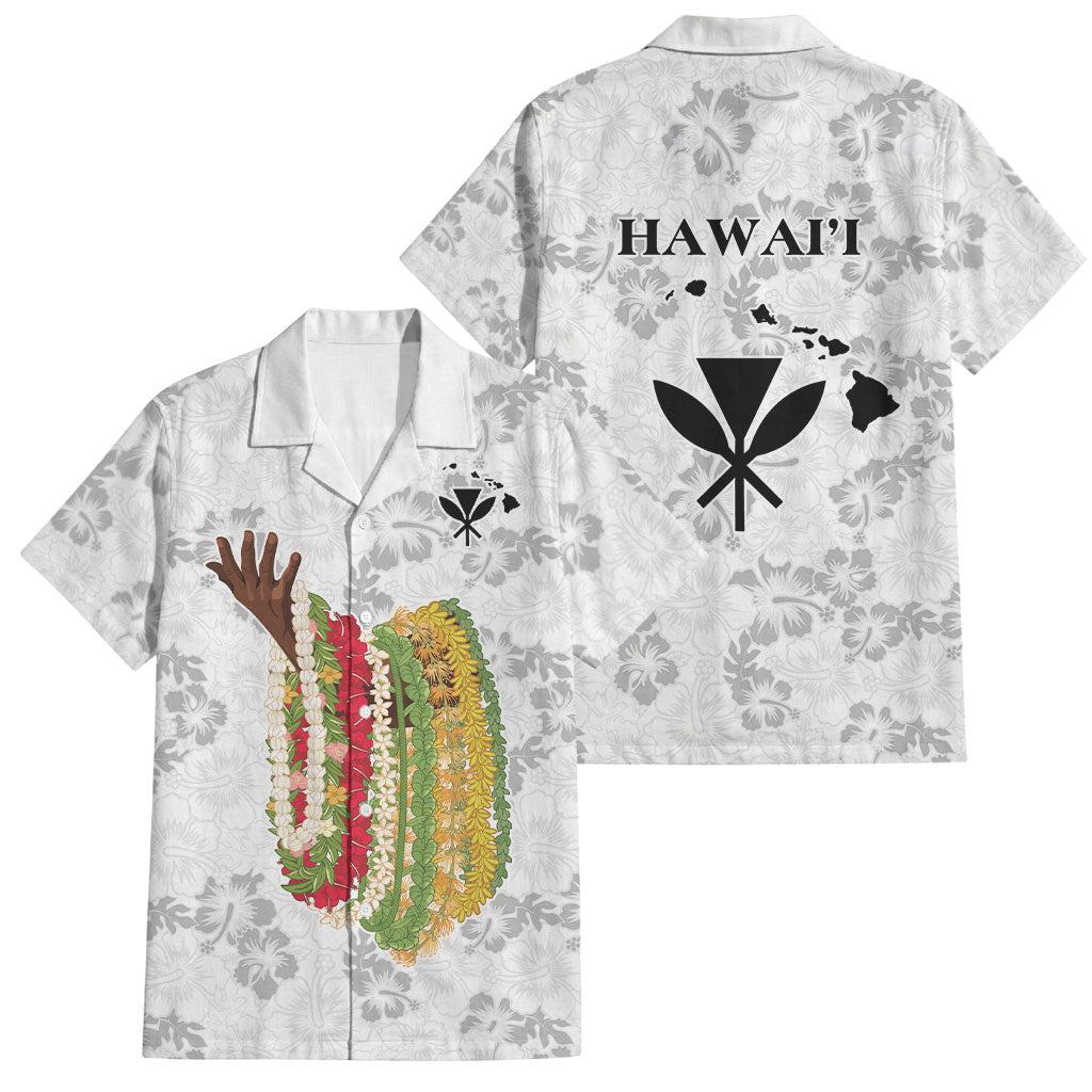 Hawaii Lei Kamehameha Family Matching Off Shoulder Short Dress and Hawaiian Shirt Ke'oke'o Seamless Pattern Hibiscus Flower LT9 Dad's Shirt - Short Sleeve White - Polynesian Pride