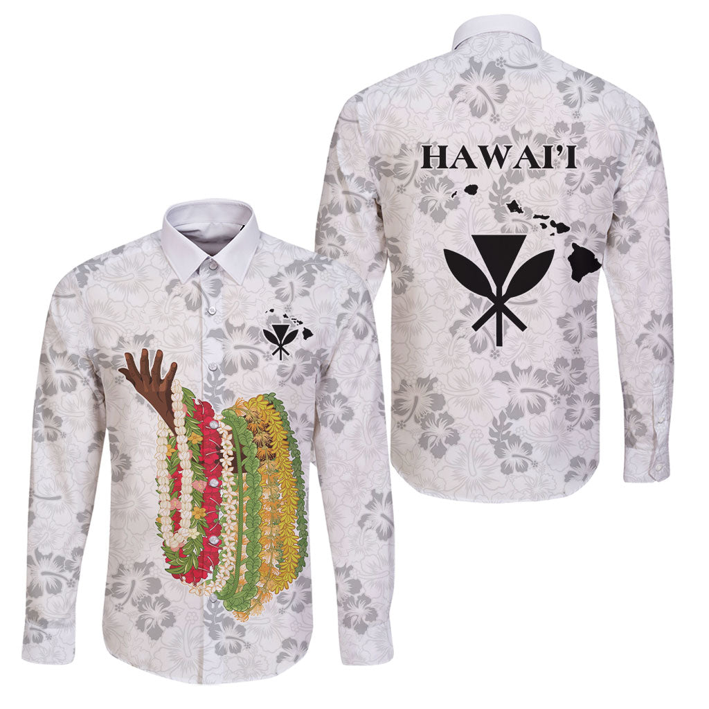 Hawaii Lei Kamehameha Family Matching Off Shoulder Short Dress and Hawaiian Shirt Ke'oke'o Seamless Pattern Hibiscus Flower LT9 Dad's Shirt - Long Sleeve White - Polynesian Pride