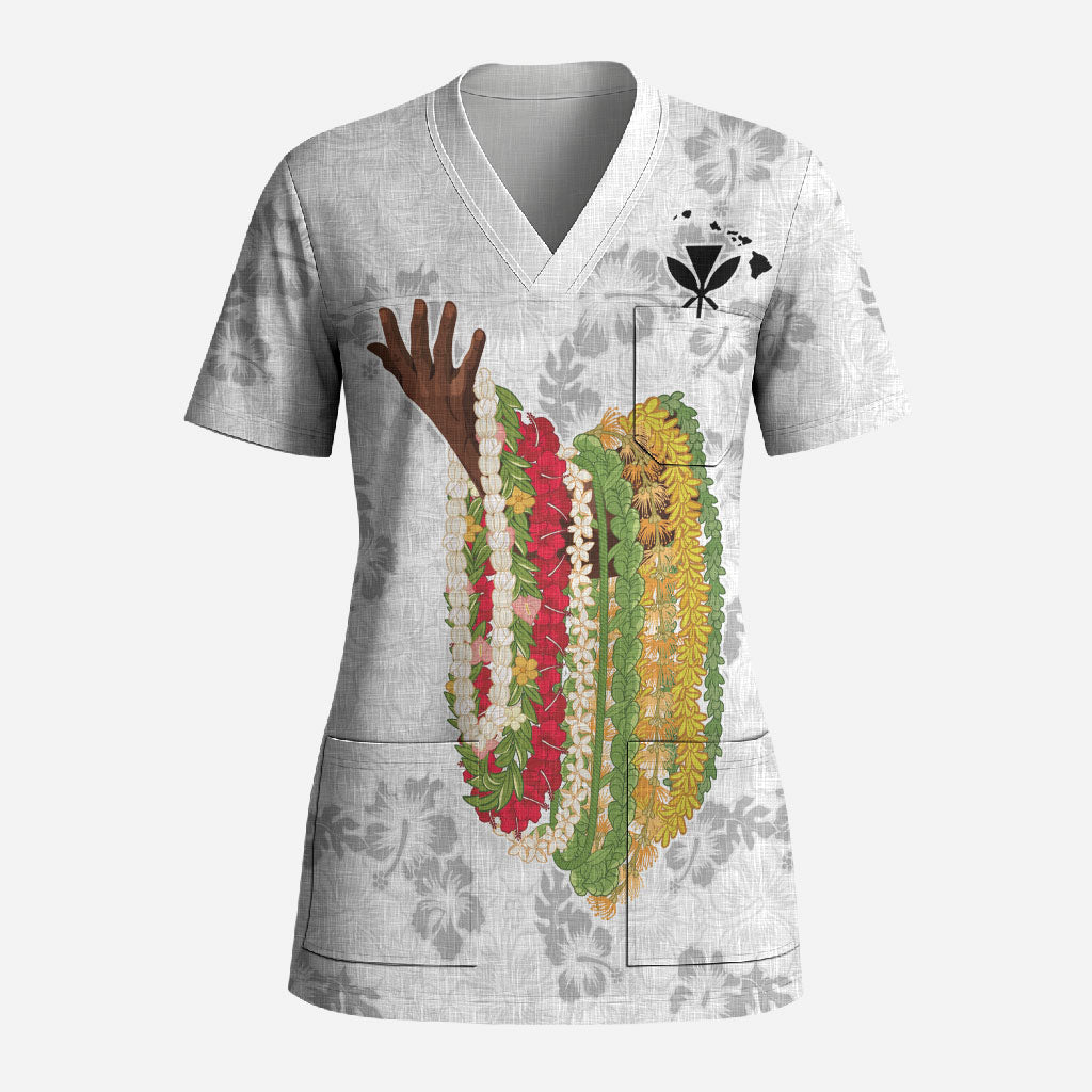 Hawaii Lei Kamehameha Scrub Top Ke'oke'o Seamless Pattern Hibiscus Flower