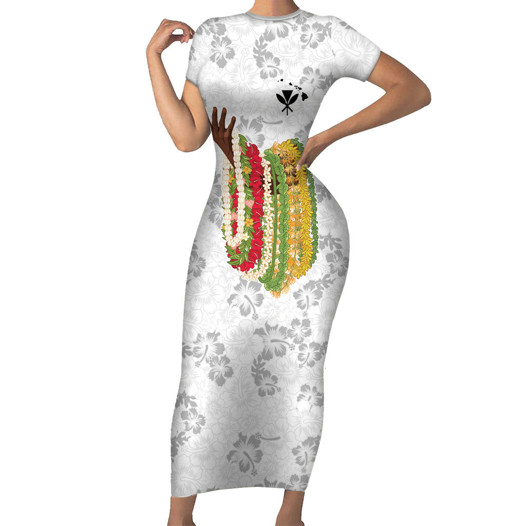 Hawaii Lei Kamehameha Short Sleeve Bodycon Dress Ke'oke'o Seamless Pattern Hibiscus Flower